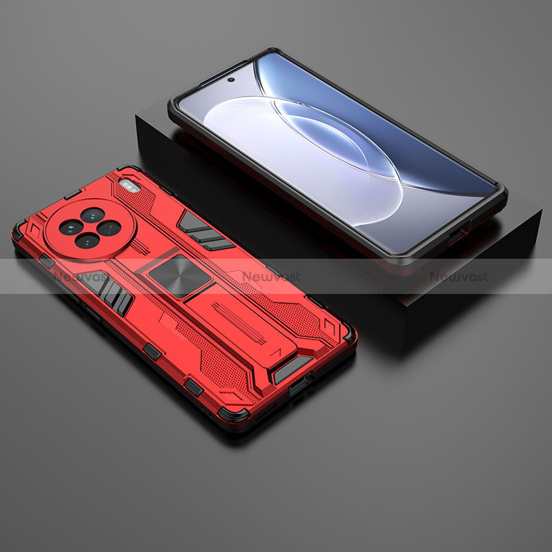 Silicone Matte Finish and Plastic Back Cover Case with Magnetic Stand KC2 for Vivo X90 5G Red