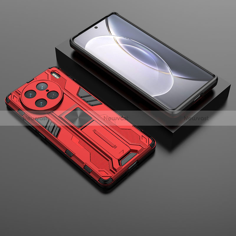 Silicone Matte Finish and Plastic Back Cover Case with Magnetic Stand KC2 for Vivo X90 Pro 5G Red
