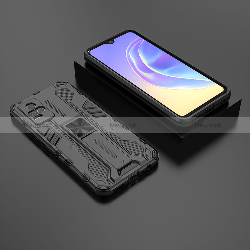 Silicone Matte Finish and Plastic Back Cover Case with Magnetic Stand KC2 for Vivo Y73 (2021) Black