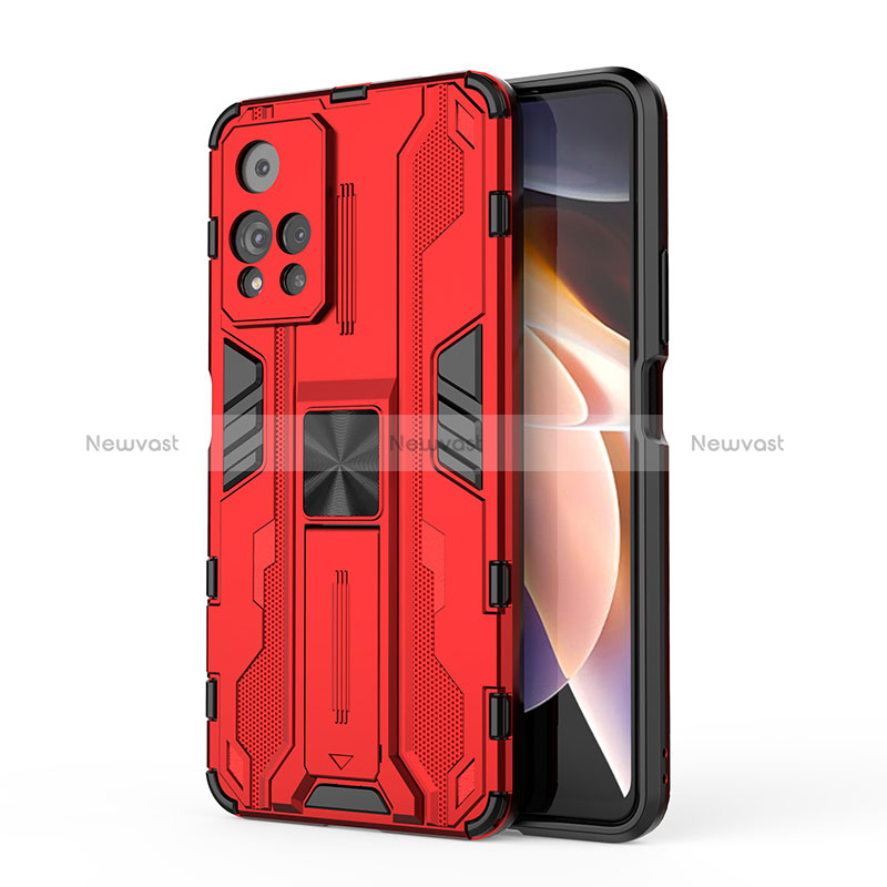 Silicone Matte Finish and Plastic Back Cover Case with Magnetic Stand KC2 for Xiaomi Mi 11i 5G (2022) Red