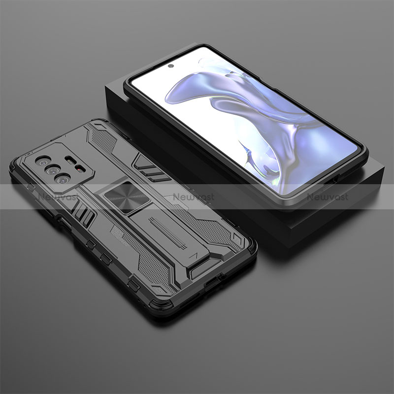 Silicone Matte Finish and Plastic Back Cover Case with Magnetic Stand KC2 for Xiaomi Mi 11T 5G Black