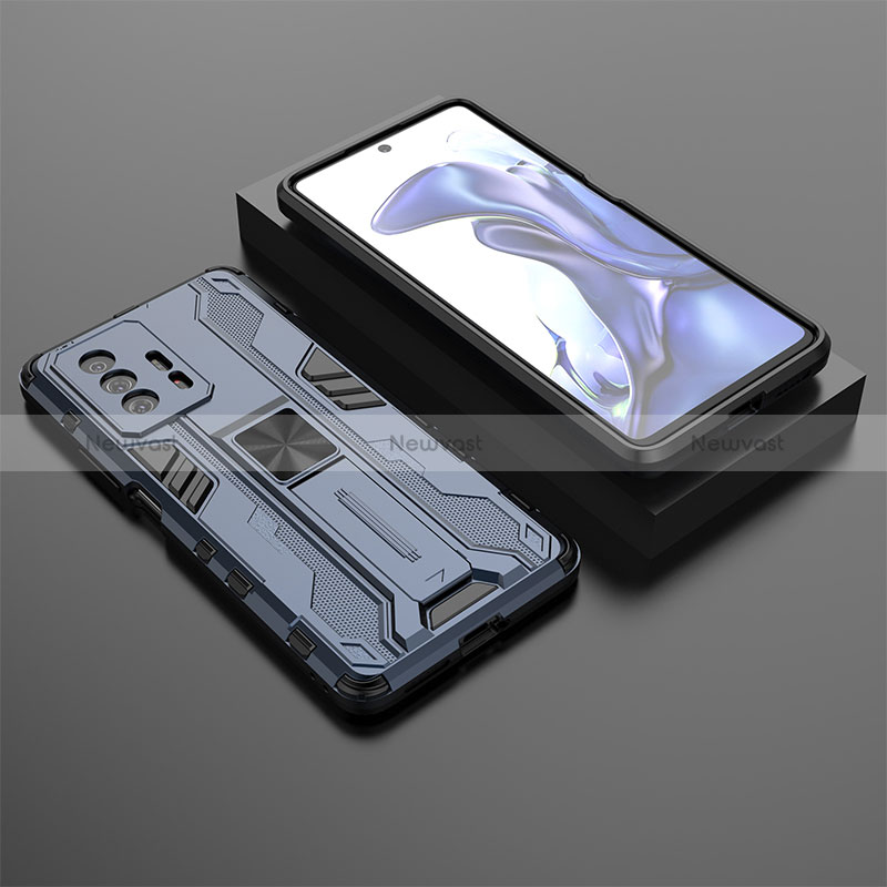 Silicone Matte Finish and Plastic Back Cover Case with Magnetic Stand KC2 for Xiaomi Mi 11T 5G Blue