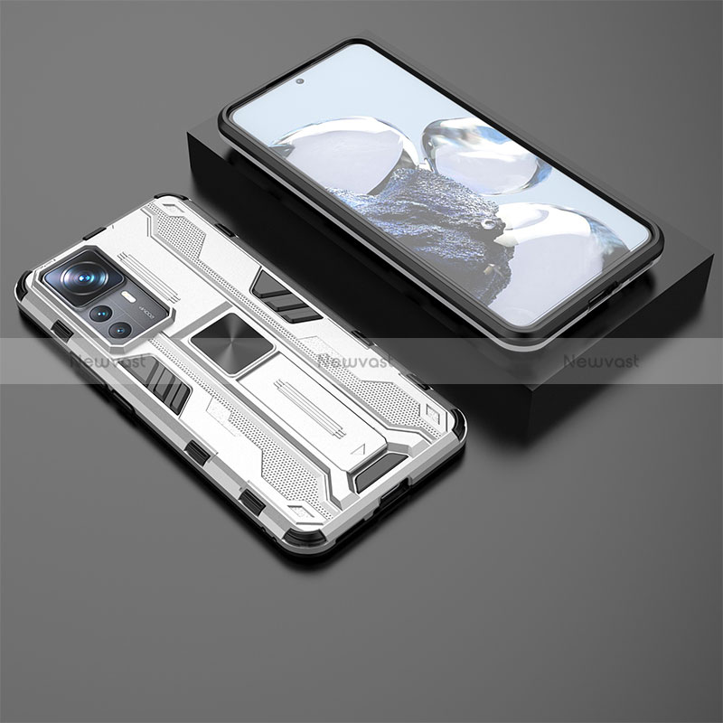 Silicone Matte Finish and Plastic Back Cover Case with Magnetic Stand KC2 for Xiaomi Mi 12T 5G White