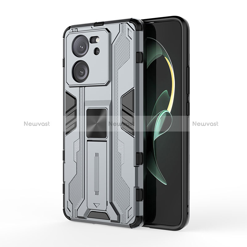 Silicone Matte Finish and Plastic Back Cover Case with Magnetic Stand KC2 for Xiaomi Mi 13T Pro 5G Gray