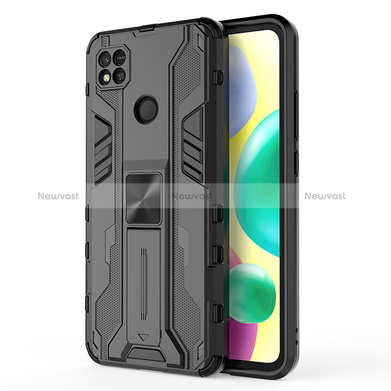 Silicone Matte Finish and Plastic Back Cover Case with Magnetic Stand KC2 for Xiaomi POCO C3 Black