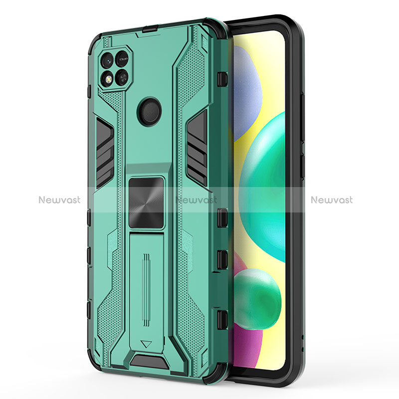 Silicone Matte Finish and Plastic Back Cover Case with Magnetic Stand KC2 for Xiaomi POCO C3 Green