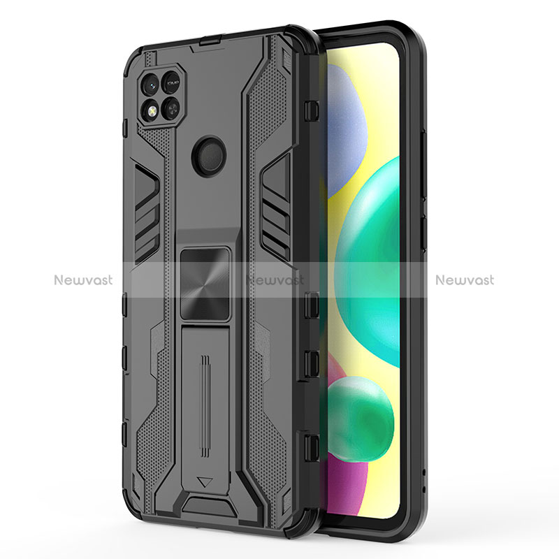 Silicone Matte Finish and Plastic Back Cover Case with Magnetic Stand KC2 for Xiaomi POCO C31 Black