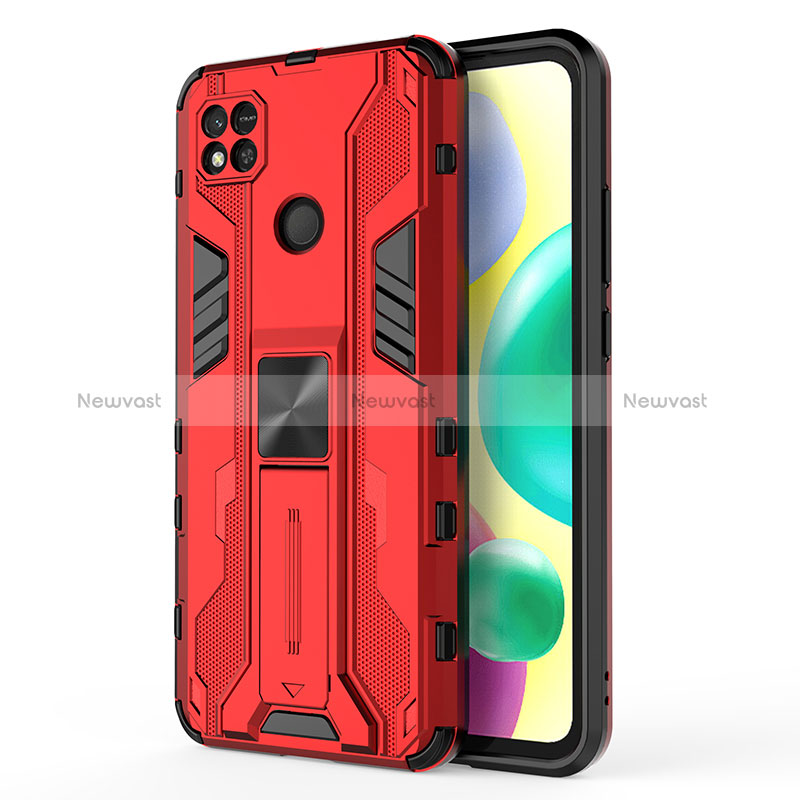 Silicone Matte Finish and Plastic Back Cover Case with Magnetic Stand KC2 for Xiaomi POCO C31 Red