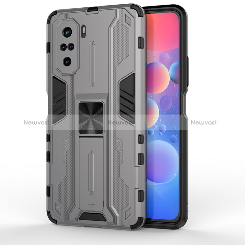 Silicone Matte Finish and Plastic Back Cover Case with Magnetic Stand KC2 for Xiaomi Poco F3 5G Gray