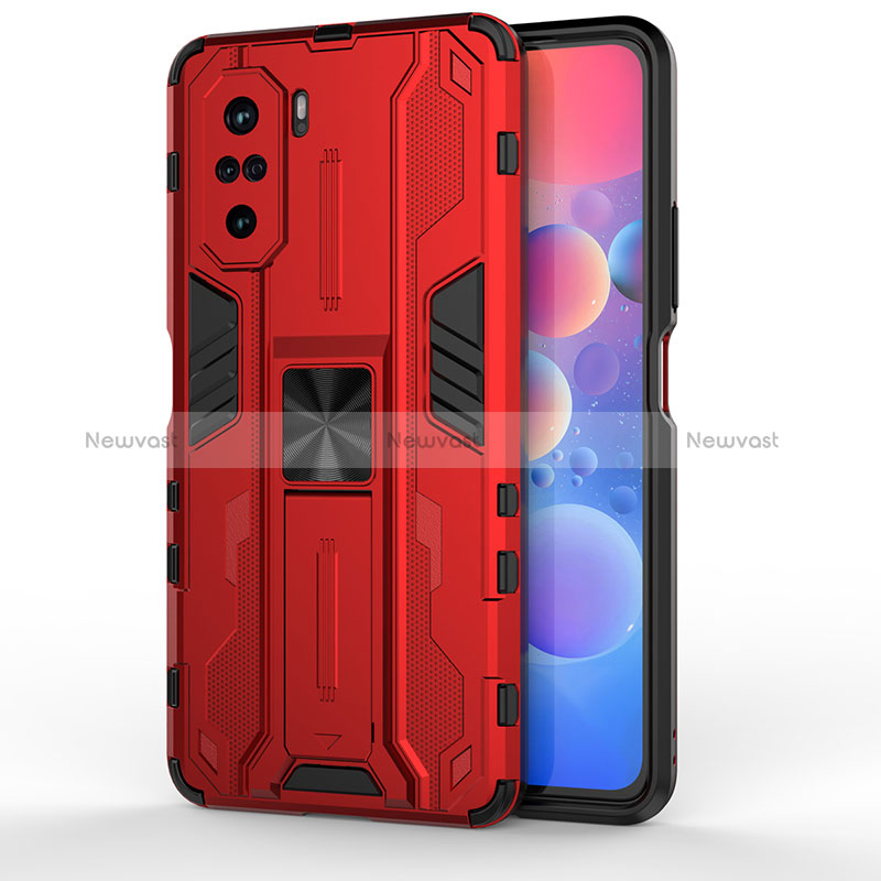 Silicone Matte Finish and Plastic Back Cover Case with Magnetic Stand KC2 for Xiaomi Poco F3 5G Red