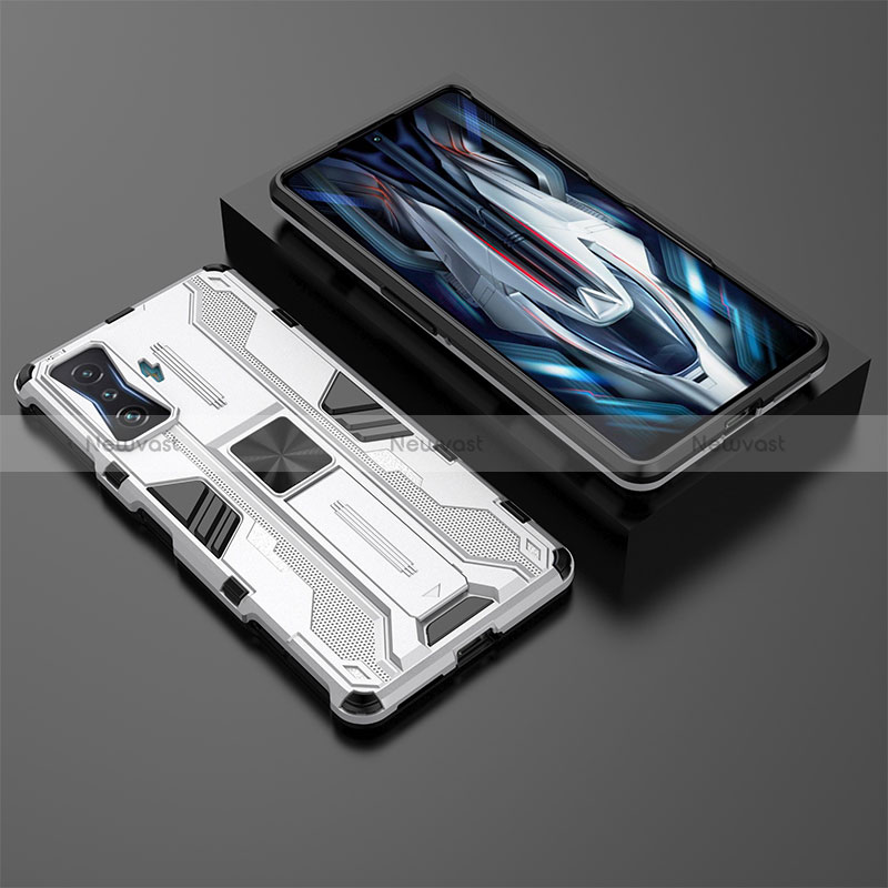 Silicone Matte Finish and Plastic Back Cover Case with Magnetic Stand KC2 for Xiaomi Poco F4 GT 5G White