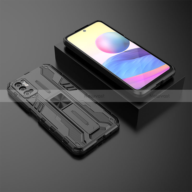 Silicone Matte Finish and Plastic Back Cover Case with Magnetic Stand KC2 for Xiaomi POCO M3 Pro 5G Black