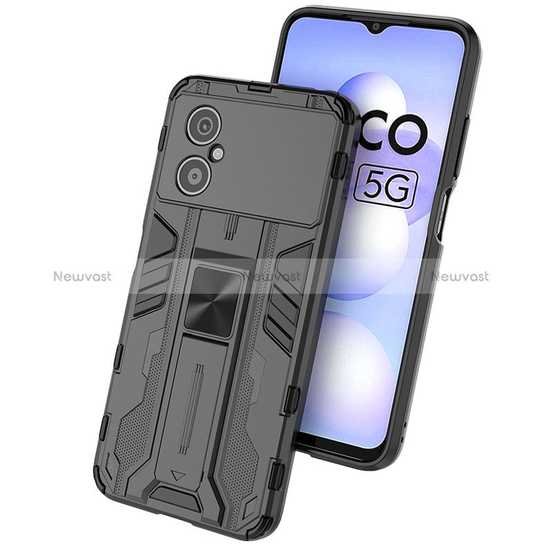 Silicone Matte Finish and Plastic Back Cover Case with Magnetic Stand KC2 for Xiaomi Poco M4 5G