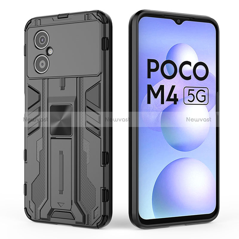 Silicone Matte Finish and Plastic Back Cover Case with Magnetic Stand KC2 for Xiaomi Poco M4 5G