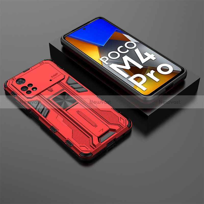 Silicone Matte Finish and Plastic Back Cover Case with Magnetic Stand KC2 for Xiaomi Poco M4 Pro 4G