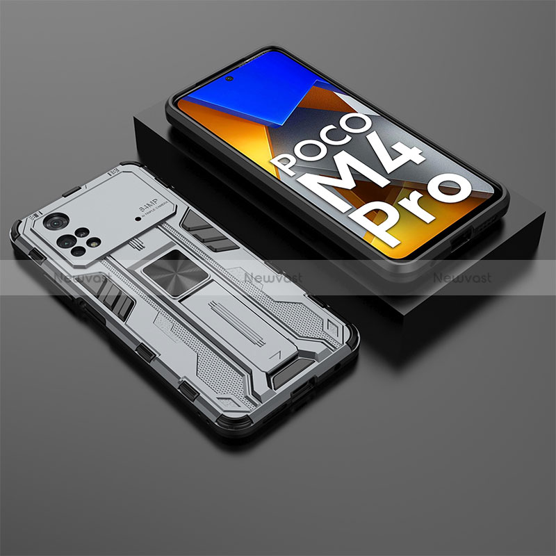 Silicone Matte Finish and Plastic Back Cover Case with Magnetic Stand KC2 for Xiaomi Poco M4 Pro 4G