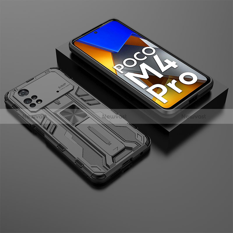 Silicone Matte Finish and Plastic Back Cover Case with Magnetic Stand KC2 for Xiaomi Poco M4 Pro 4G Black