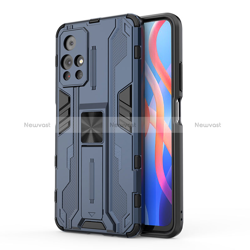 Silicone Matte Finish and Plastic Back Cover Case with Magnetic Stand KC2 for Xiaomi Poco M4 Pro 5G Blue