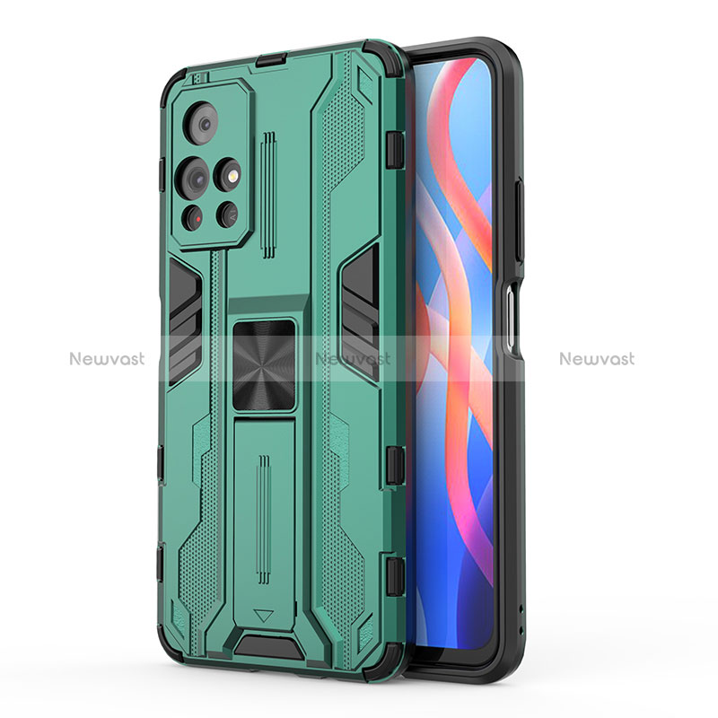 Silicone Matte Finish and Plastic Back Cover Case with Magnetic Stand KC2 for Xiaomi Poco M4 Pro 5G Green