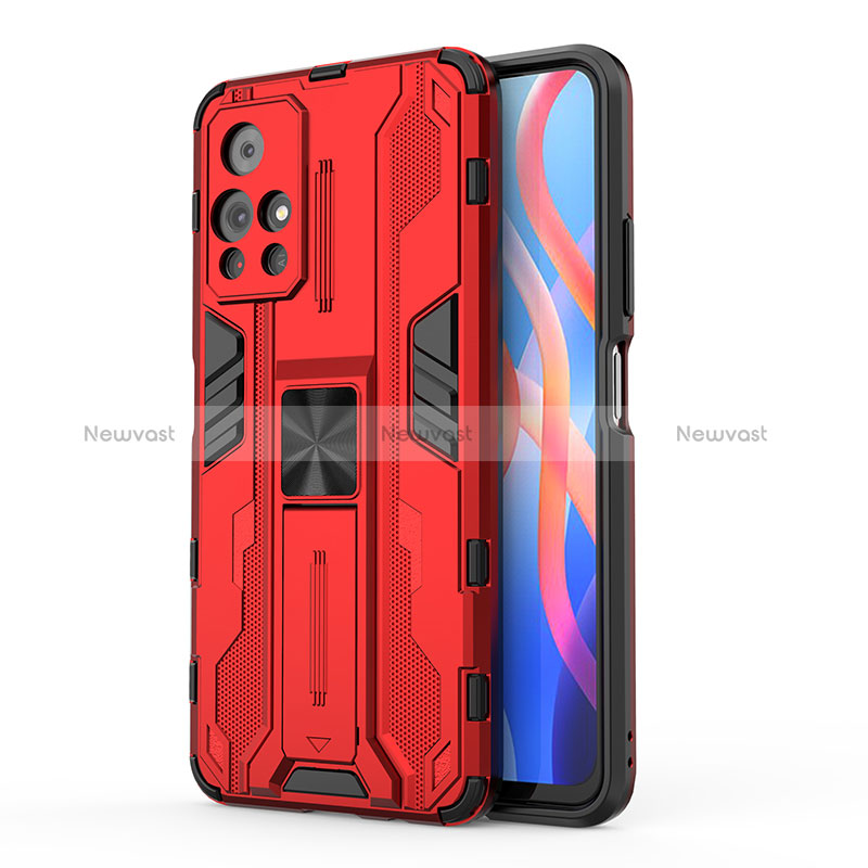 Silicone Matte Finish and Plastic Back Cover Case with Magnetic Stand KC2 for Xiaomi Poco M4 Pro 5G Red