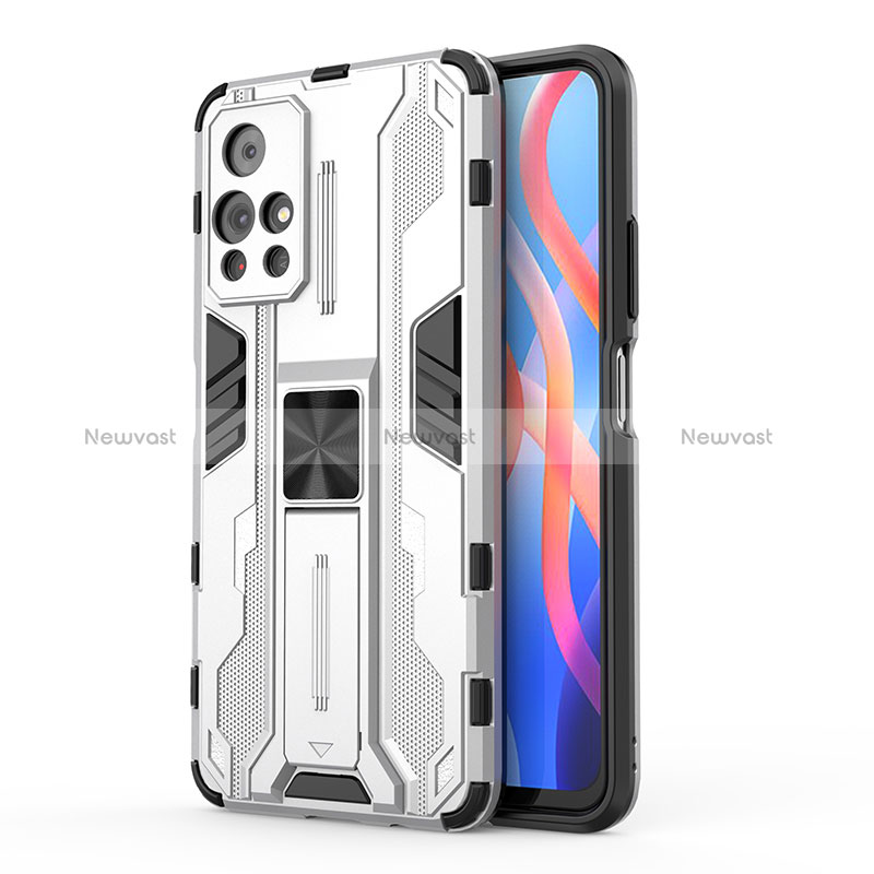 Silicone Matte Finish and Plastic Back Cover Case with Magnetic Stand KC2 for Xiaomi Poco M4 Pro 5G White