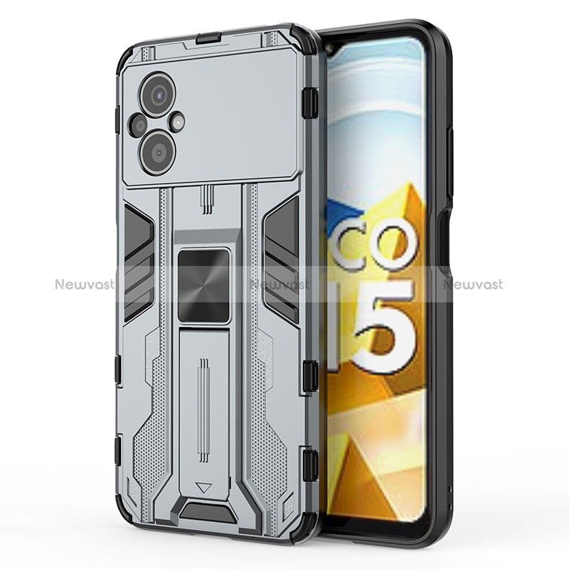 Silicone Matte Finish and Plastic Back Cover Case with Magnetic Stand KC2 for Xiaomi Poco M5 4G Gray