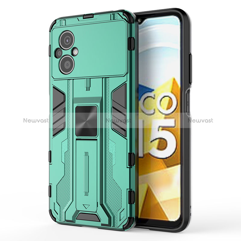 Silicone Matte Finish and Plastic Back Cover Case with Magnetic Stand KC2 for Xiaomi Poco M5 4G Green