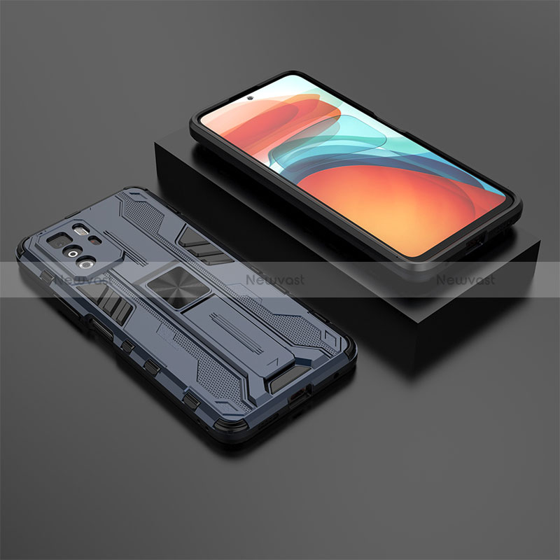 Silicone Matte Finish and Plastic Back Cover Case with Magnetic Stand KC2 for Xiaomi Poco X3 GT 5G Blue