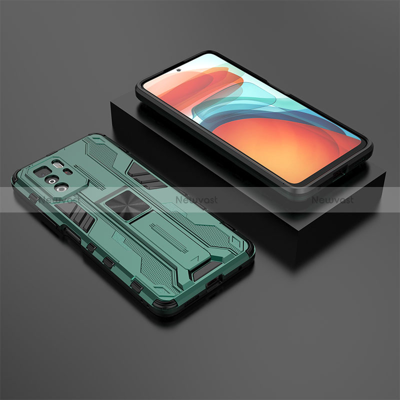 Silicone Matte Finish and Plastic Back Cover Case with Magnetic Stand KC2 for Xiaomi Poco X3 GT 5G Green