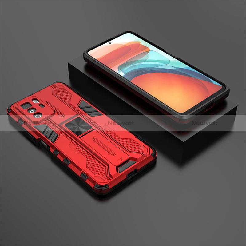 Silicone Matte Finish and Plastic Back Cover Case with Magnetic Stand KC2 for Xiaomi Poco X3 GT 5G Red