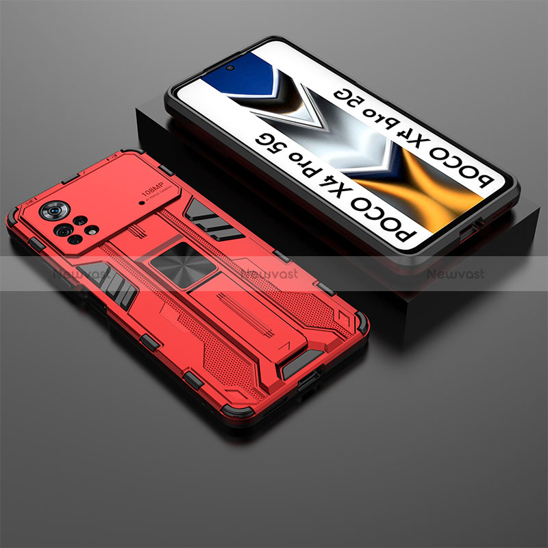 Silicone Matte Finish and Plastic Back Cover Case with Magnetic Stand KC2 for Xiaomi Poco X4 Pro 5G Red