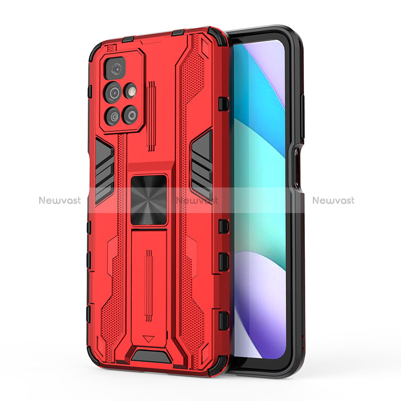 Silicone Matte Finish and Plastic Back Cover Case with Magnetic Stand KC2 for Xiaomi Redmi 10 (2022) Red