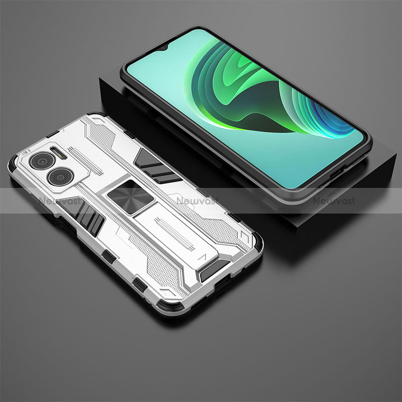 Silicone Matte Finish and Plastic Back Cover Case with Magnetic Stand KC2 for Xiaomi Redmi 10 Prime Plus 5G White