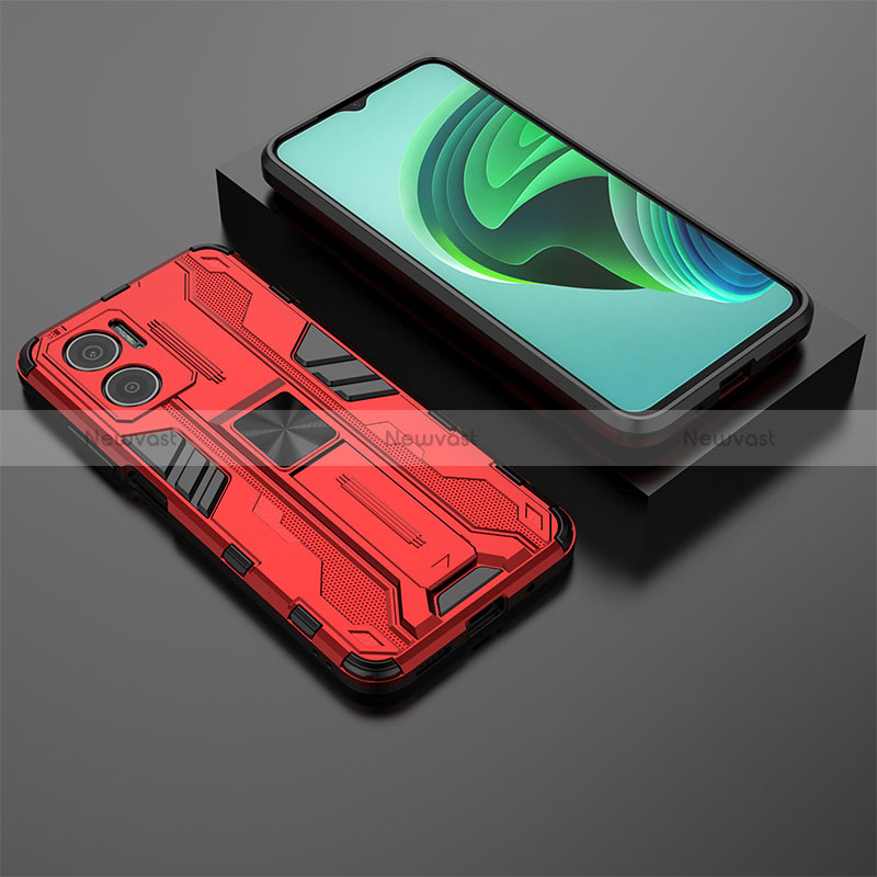 Silicone Matte Finish and Plastic Back Cover Case with Magnetic Stand KC2 for Xiaomi Redmi 11 Prime 5G Red