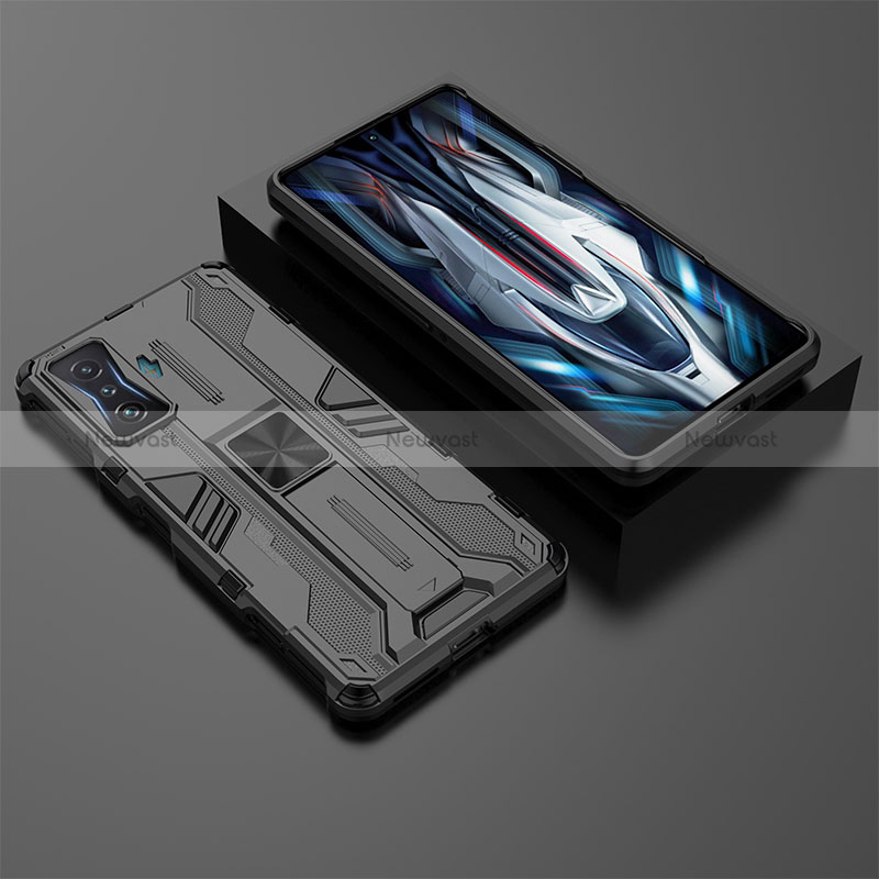 Silicone Matte Finish and Plastic Back Cover Case with Magnetic Stand KC2 for Xiaomi Redmi K50 Gaming 5G Black