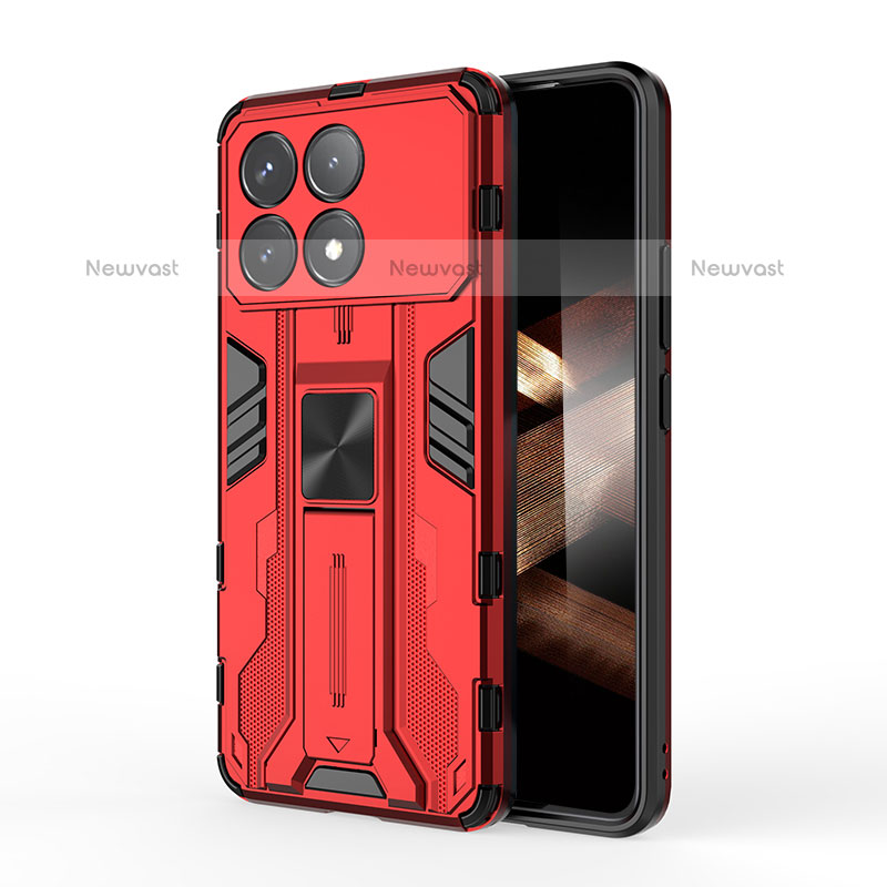 Silicone Matte Finish and Plastic Back Cover Case with Magnetic Stand KC2 for Xiaomi Redmi K70E 5G Red