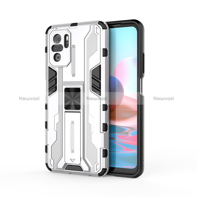 Silicone Matte Finish and Plastic Back Cover Case with Magnetic Stand KC2 for Xiaomi Redmi Note 10 4G White