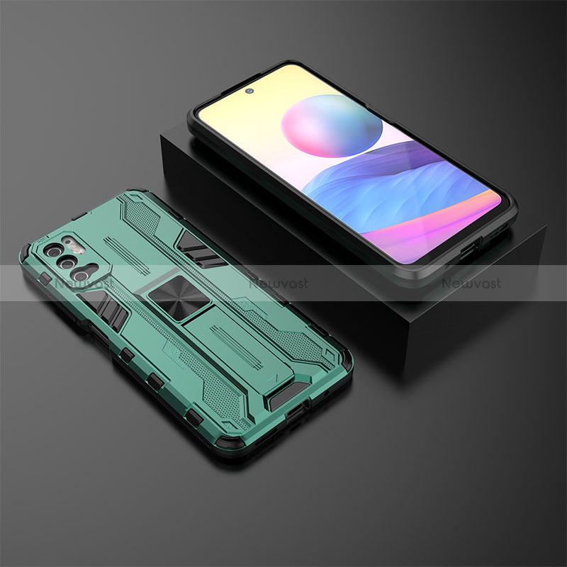 Silicone Matte Finish and Plastic Back Cover Case with Magnetic Stand KC2 for Xiaomi Redmi Note 10 5G Green