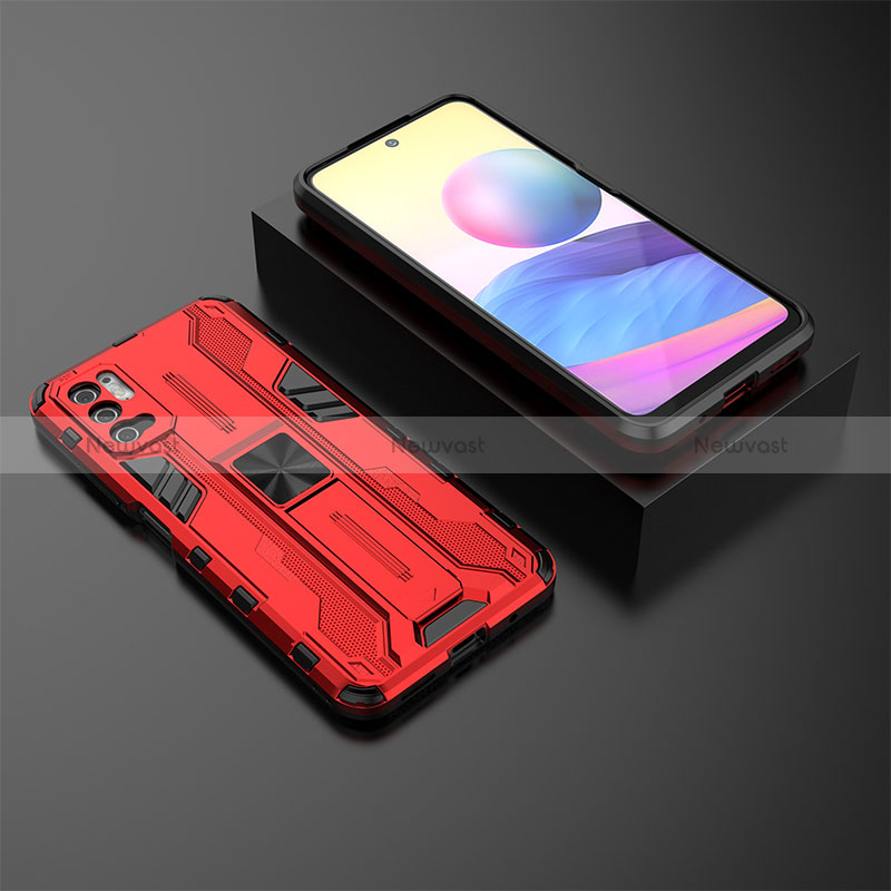 Silicone Matte Finish and Plastic Back Cover Case with Magnetic Stand KC2 for Xiaomi Redmi Note 10 5G Red