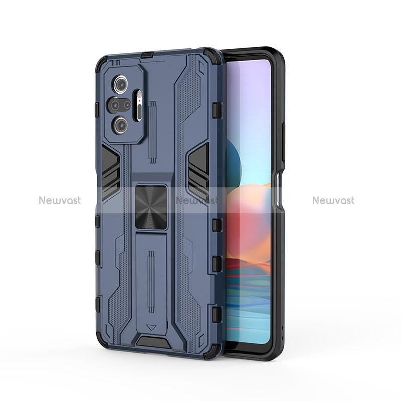 Silicone Matte Finish and Plastic Back Cover Case with Magnetic Stand KC2 for Xiaomi Redmi Note 10 Pro 4G Blue