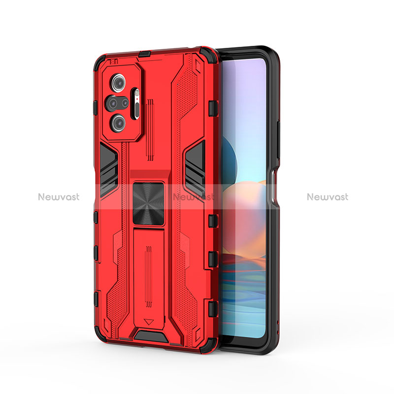 Silicone Matte Finish and Plastic Back Cover Case with Magnetic Stand KC2 for Xiaomi Redmi Note 10 Pro 4G Red