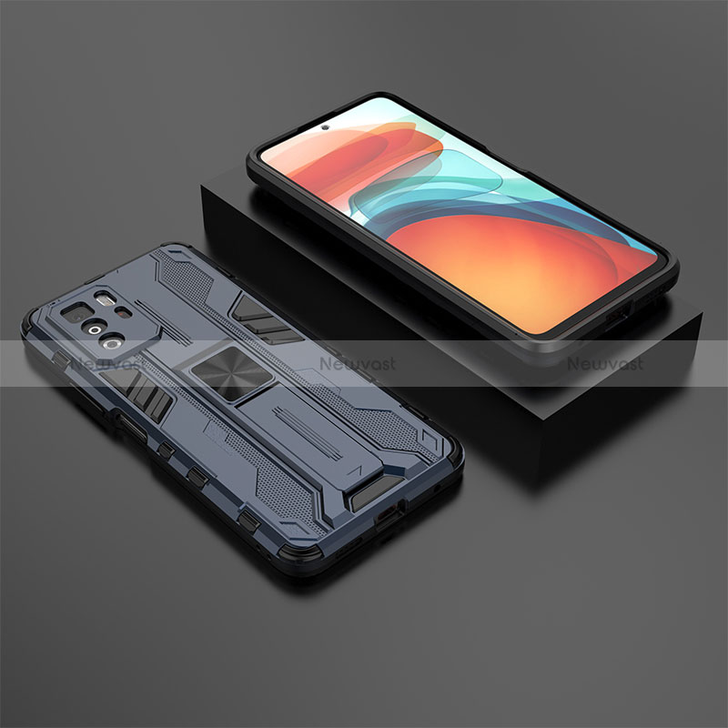 Silicone Matte Finish and Plastic Back Cover Case with Magnetic Stand KC2 for Xiaomi Redmi Note 10 Pro 5G Blue