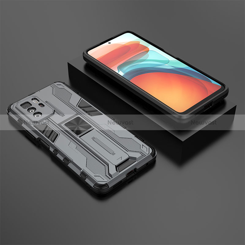 Silicone Matte Finish and Plastic Back Cover Case with Magnetic Stand KC2 for Xiaomi Redmi Note 10 Pro 5G Gray