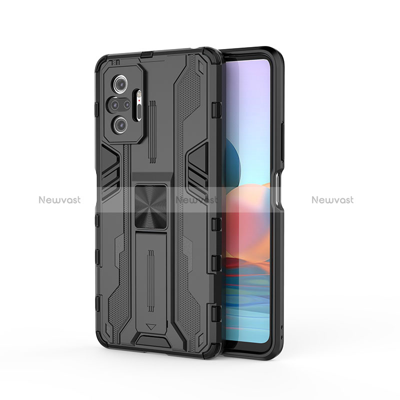 Silicone Matte Finish and Plastic Back Cover Case with Magnetic Stand KC2 for Xiaomi Redmi Note 10 Pro Max Black