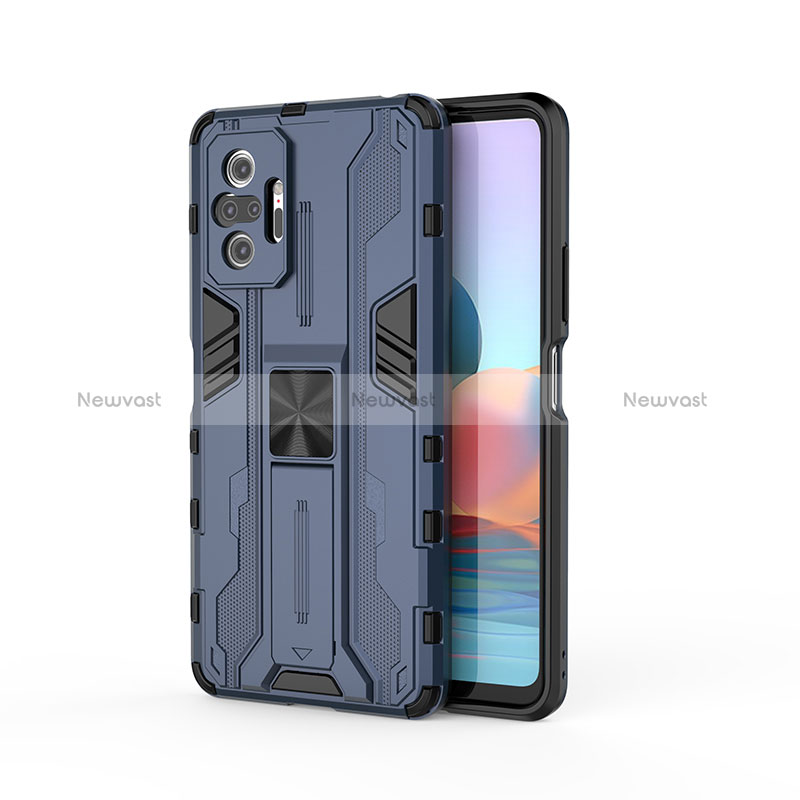 Silicone Matte Finish and Plastic Back Cover Case with Magnetic Stand KC2 for Xiaomi Redmi Note 10 Pro Max Blue