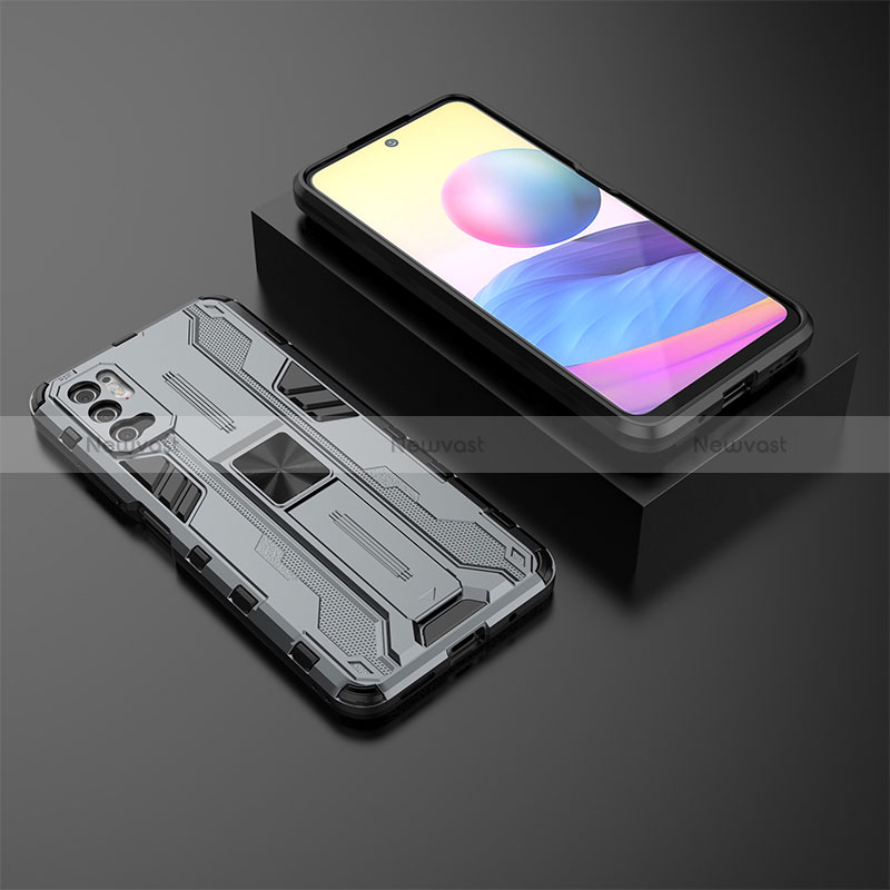 Silicone Matte Finish and Plastic Back Cover Case with Magnetic Stand KC2 for Xiaomi Redmi Note 10T 5G Gray