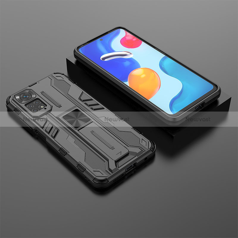 Silicone Matte Finish and Plastic Back Cover Case with Magnetic Stand KC2 for Xiaomi Redmi Note 11 4G (2022) Black