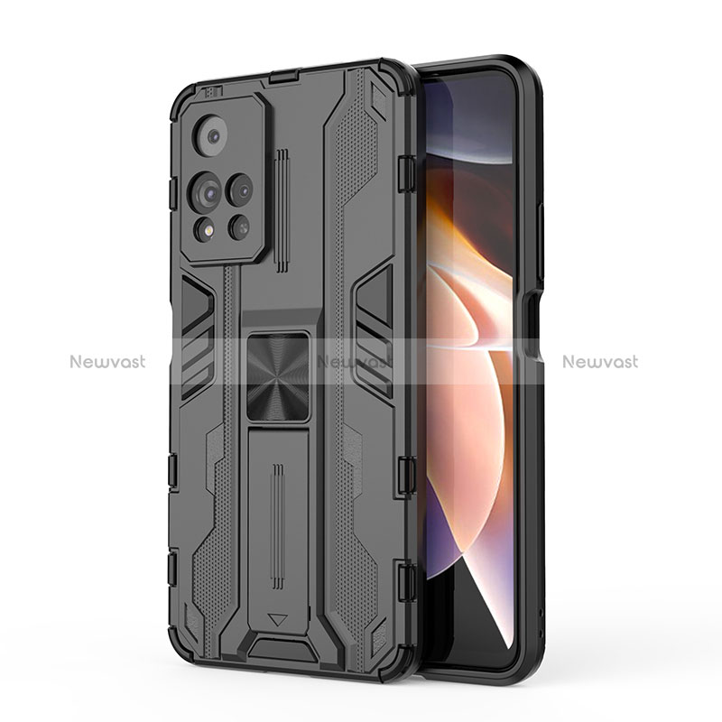 Silicone Matte Finish and Plastic Back Cover Case with Magnetic Stand KC2 for Xiaomi Redmi Note 11 Pro+ Plus 5G Black