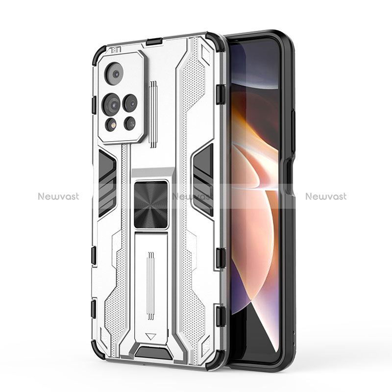 Silicone Matte Finish and Plastic Back Cover Case with Magnetic Stand KC2 for Xiaomi Redmi Note 11 Pro+ Plus 5G White