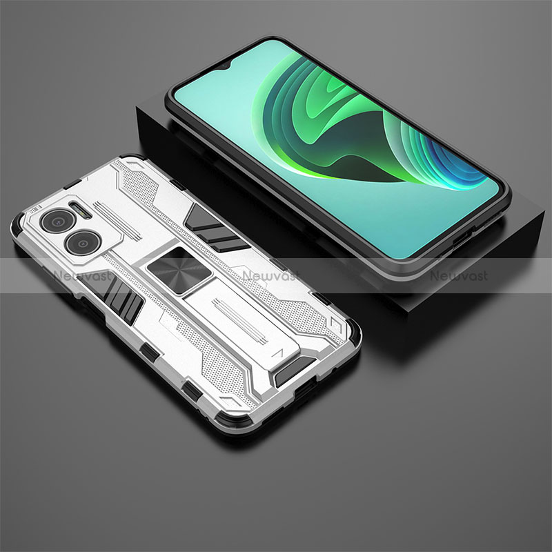 Silicone Matte Finish and Plastic Back Cover Case with Magnetic Stand KC2 for Xiaomi Redmi Note 11E 5G White